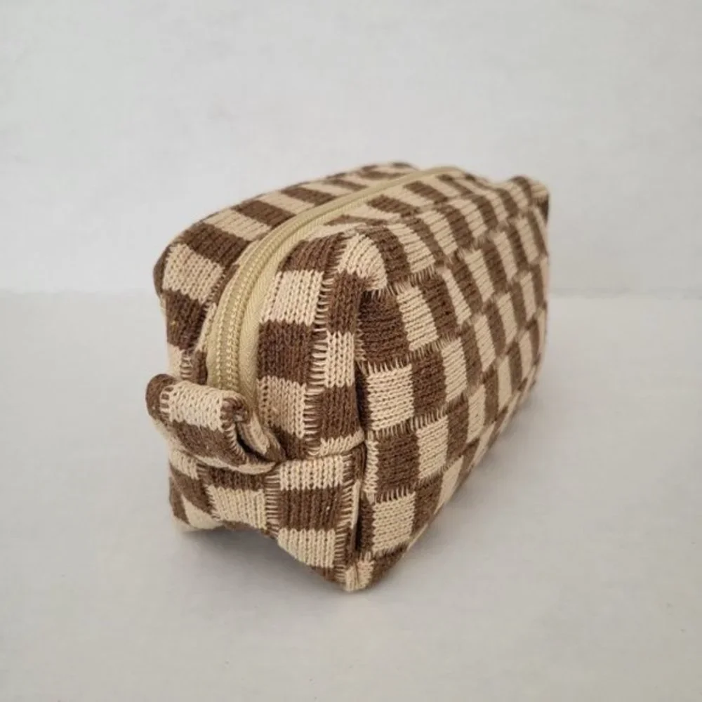 Checkered Print Cosmetic Make Up Beauty Bag in‎ Brown and Beige